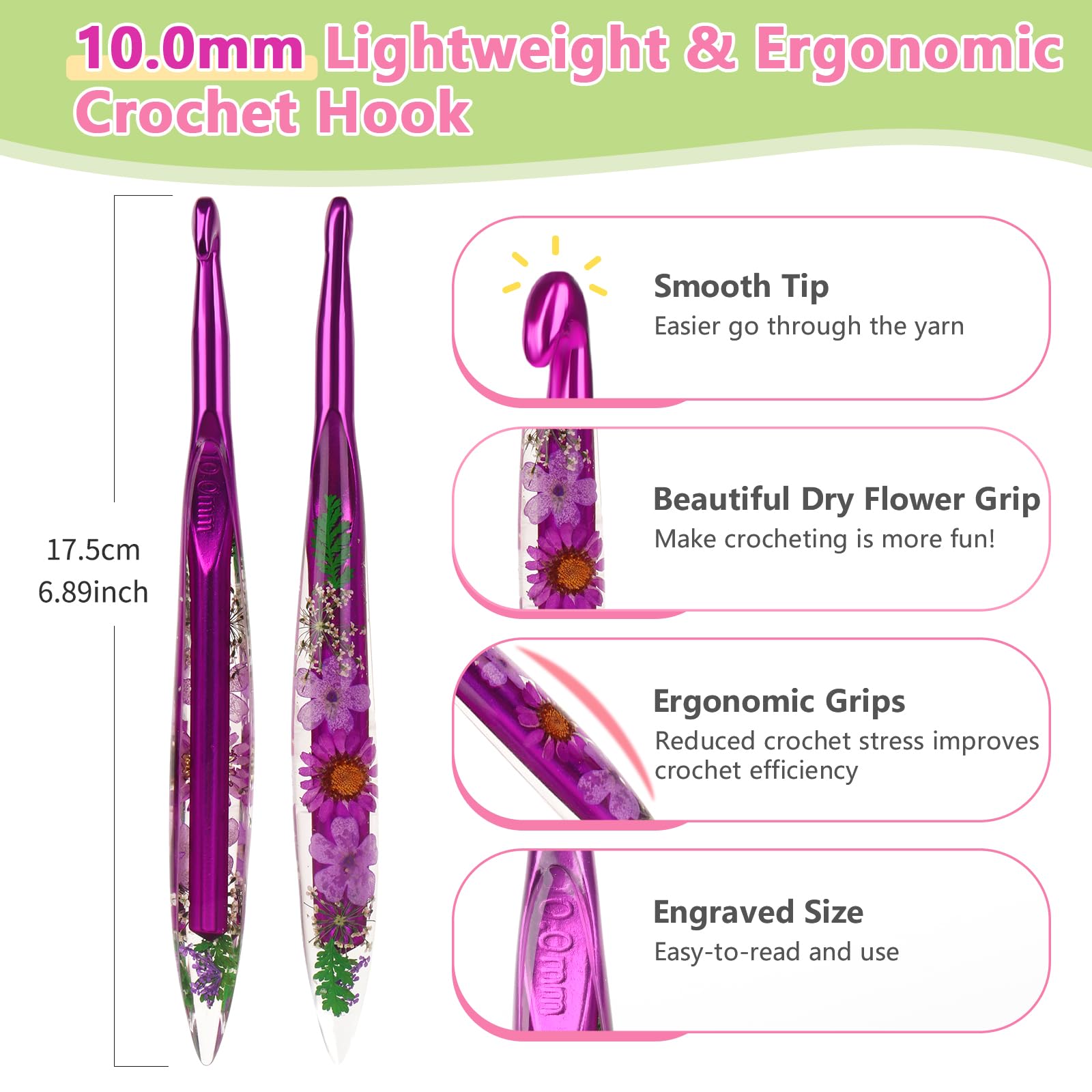 Reessy 10.0mm Crochet Hooks, Floral Resin Crochet Hook with Transparent Dried Flowers Handle - Image 2