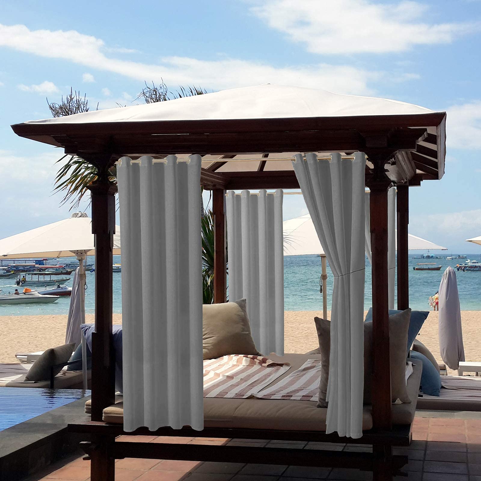 MINGPINHUIUS Outdoor Vorhang wetterfest, Outdoorvorhänge Sonnnenschutz und Sichtschutz, Outdoor Vorhang Winddicht Blickdicht für Pavilion Balkon Garten Patio (Hellgrau, 2er Set/ 132 X 213 cm)