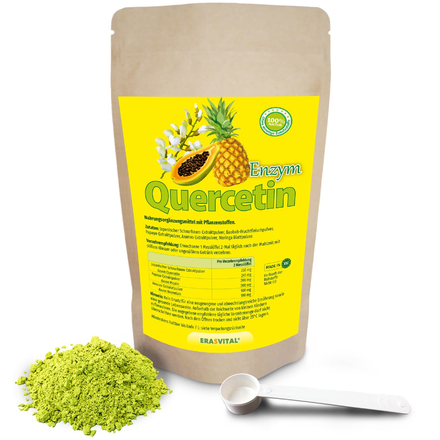 Quercetin Enzym 250g Pulver mit wichtigen Begleitern - Papain, Baobab Fruchtpulver, Bromelain, Moringa Oleifera Blattpulver. Vegan (250 g (1er Pack))