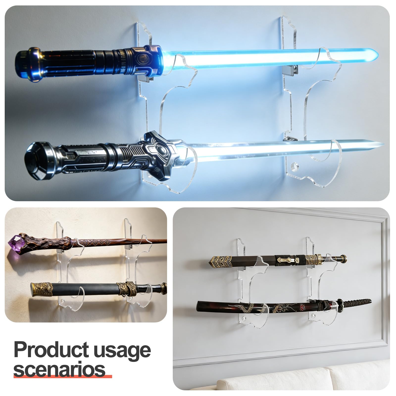 Soporte de Pared para Katana 2 Niveles, Soporte para Espadas de Acrílico Negro, Exhibidor Sable de Luz y Samurái, Estante de 2 Niveles de Almacenamiento para Wakizashi Tanto Cosplay Decoración