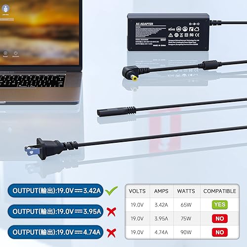Miniatura 2 de Adaptador de CA para cargador de laptop de 65 W, compatible con Toshiba Satellite C55 L755 Portege Radius y más Series Cable de fuente de