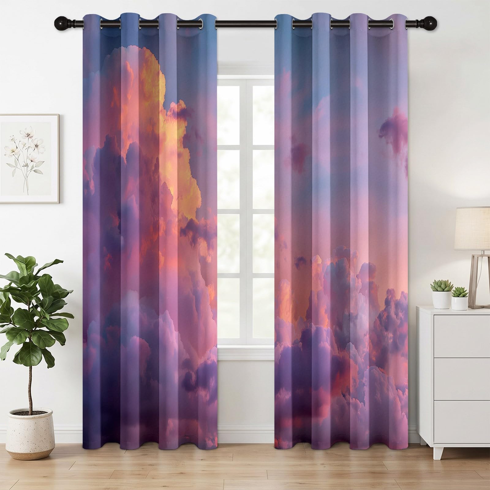 Photographie Nature Ciel Nuages Rideau Thermique Isolant Anti Froid 2 Pièces Rideaux 110 x 215 cm, Occultants & Isolation Thermique pour Salon/Chambre - Décoration Intérieure avec Œillets, Rose