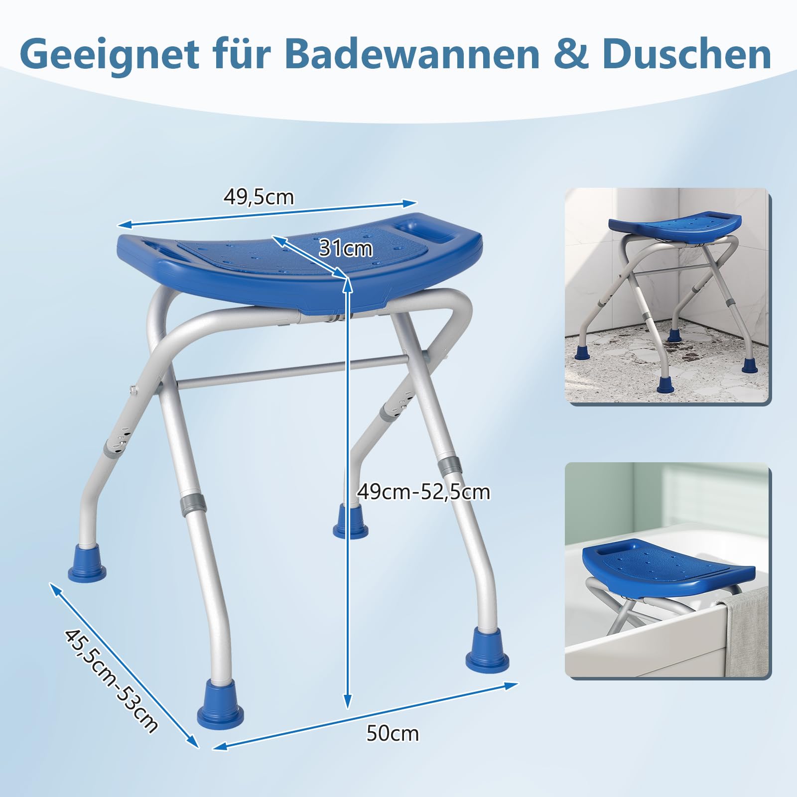 COSTWAY Taboret prysznicowy składany, krzesło prysznicowe 49-52,5 cm, z regulacją wysokości, ławka prysznicowa, obciążenie do 150 kg, taboret łazienkowy z antypoślizgowymi gumowymi nóżkami, pomoc pod
