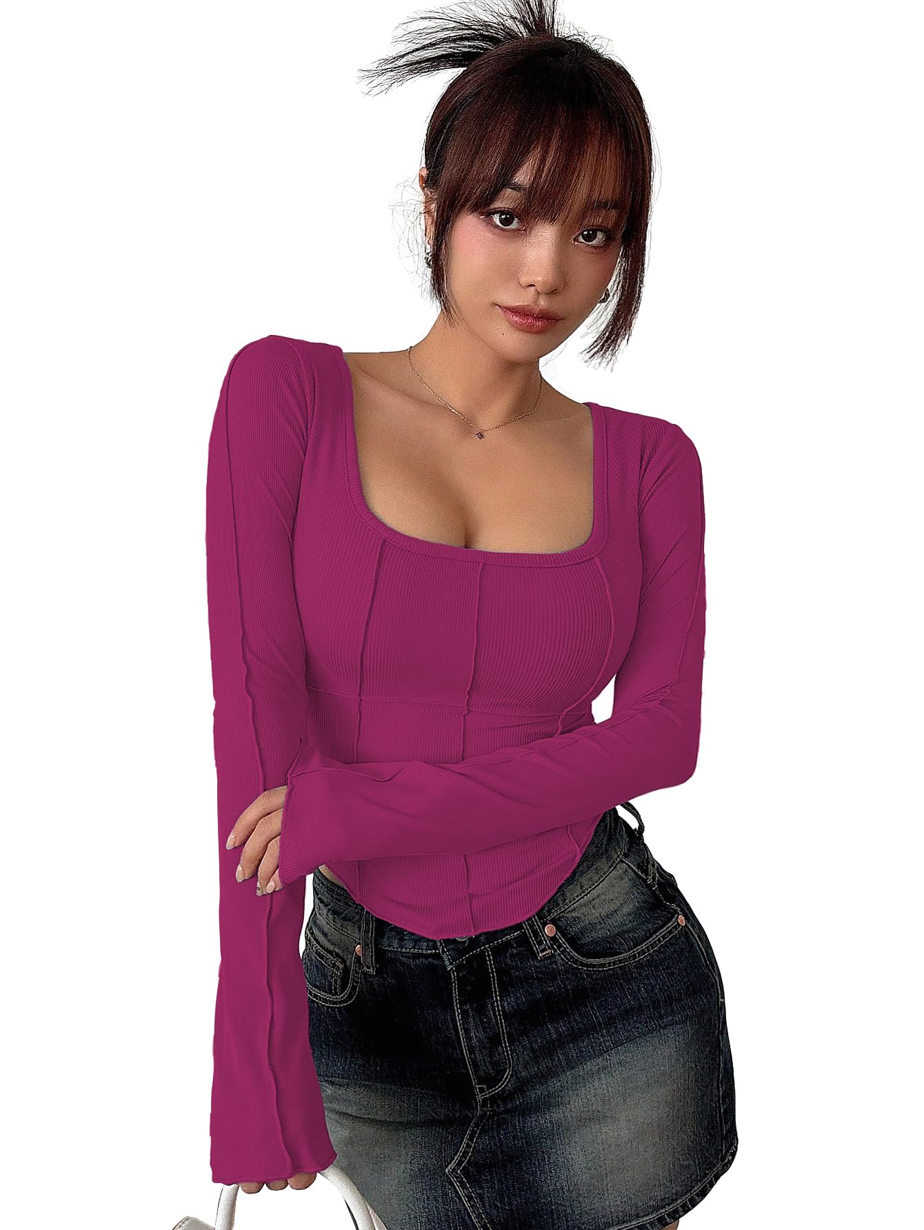 Sugathari - Camiseta de manga larga para mujer, color negro, sólido y redondo, estilo cuadrado, Split, cuello redondo, bodycon para mujer, camiseta de primavera y verano, minimalista y de moda para
