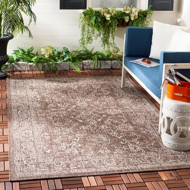Colección de alfombras lavables para patio al aire libre SAFAVIEH - 5'3" x 7'7", marrón y marfil, sin valles y fácil limpieza, ideal para patio, patio trasero, lodo (CY8680-36321)