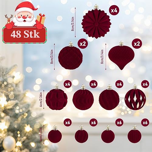 48 Boule de Noel Velour Bordeaux, Décoration Sapin de Noël Floquées Incassables pour Deco Sapin De Noel,de 3,15, 2,36 et 1,57 Pouces - 2