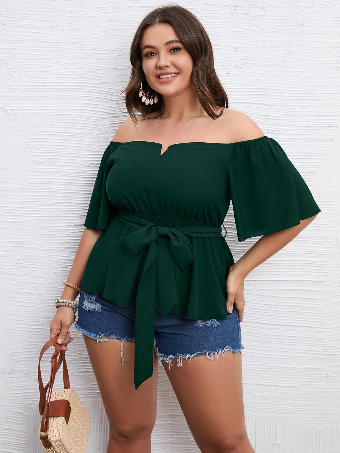 SCOMCHIC Women's Plus Size Off The Shoulder Peplum Blouse Top Half Bell Sleeve Tie Waist Ruffle Hem Babydoll Tops - Image 4