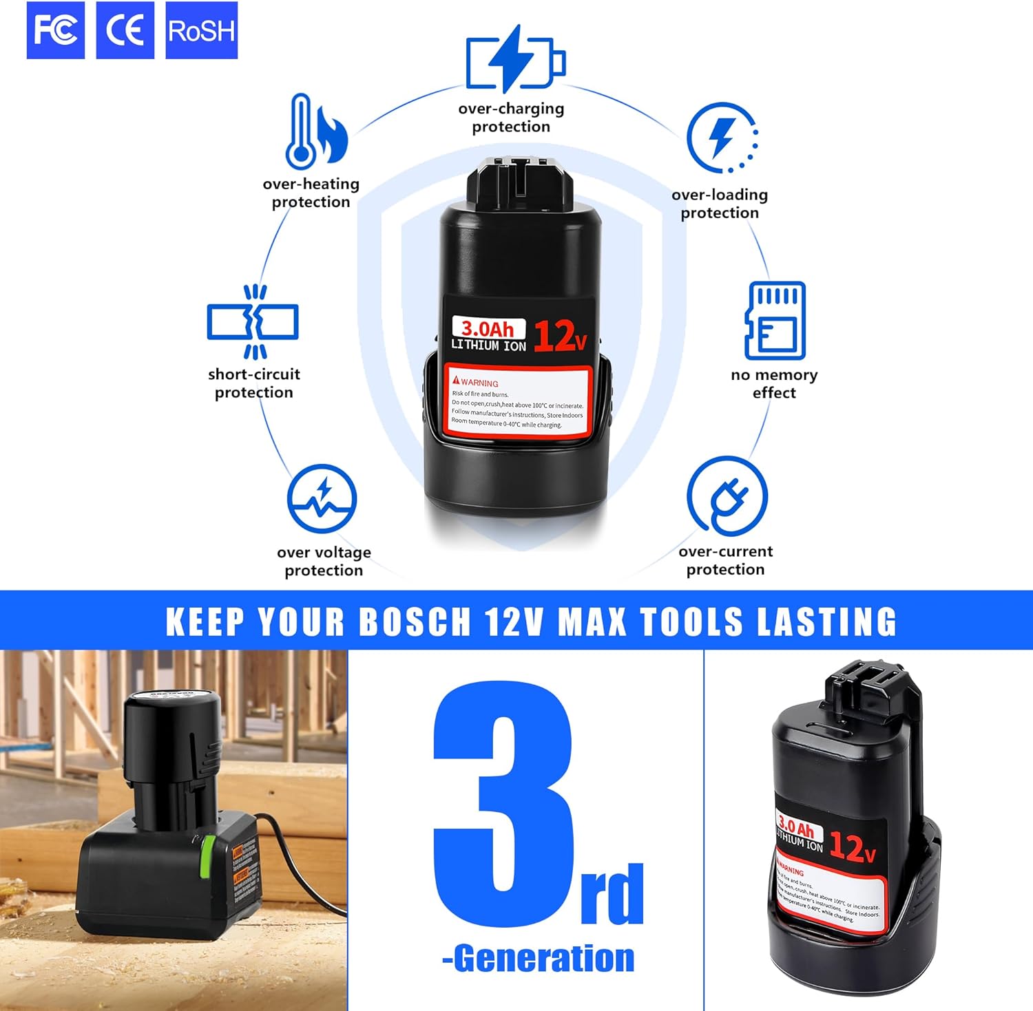 【Upgrade】2Pack 3.0Ah Replace Battery for Bosch 12V Batteries BAT414 Compatible with Bosch 12V max Lithium-Ion Tools and Chargers for Bosch 12 Volt Battery BAT420 GBA12V30 BAT411 BAT411A BAT412 BAT413