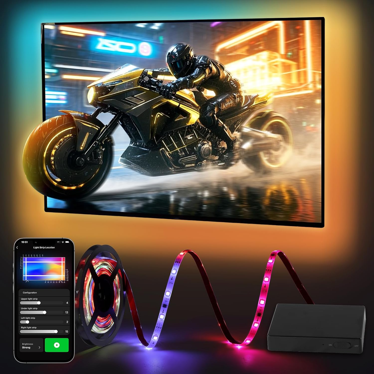 Soleil HDMI 2.1 Sync Box with TV Backlight, Sync to 75-90 Inch Screen and PC Monitor, Supports 4K@120Hz, RGBIC LED Strip for TVs / PS5 / Xbox, App/Voice Control, Works with Google and Alexa
