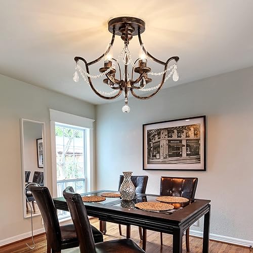 Miniatura 5 de UOFUS Lámpara de techo moderna semiempotrada, candelabro de cristal pequeño de 4 luces, lámpara de techo de bronce para vestíbulo, cocina, pasillo,