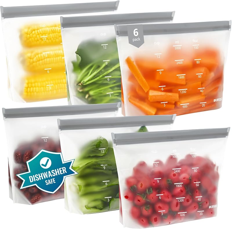 Reusable Bags Dishwasher Safe, BPA Free Reusable Gallon Freezer Bags, Stand Up Leakproof Food Storage Bags for Marinate Meats, Salad Fruit, Vegetables, Home Organization -Gray 6 Large Bags