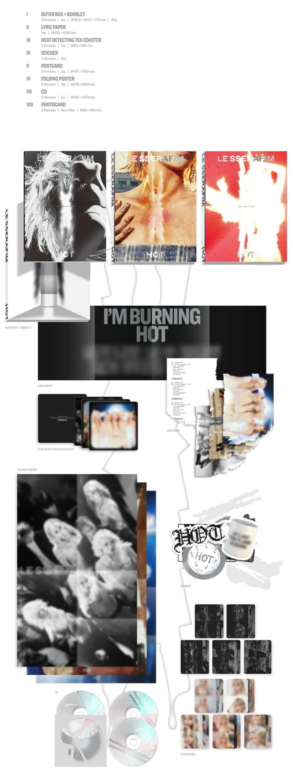 LE SSERAFIM HOT 5th Mini álbum [Vol 3 Bleached AURA Ver.] Folleto + CD + tarjeta fotográfica + postal + póster plegable
