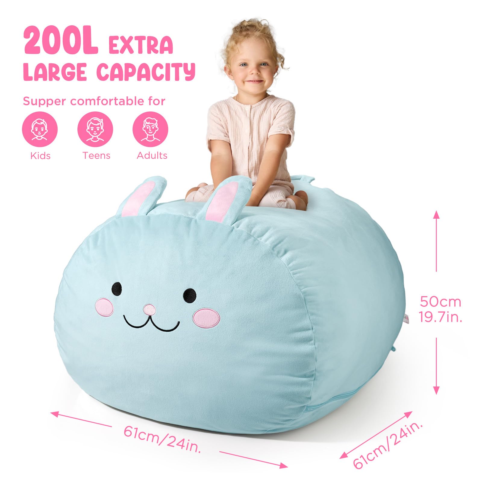 GAGAKU Pouf Peluche Coniglio 200L-XXL,Borsa Portaoggetti per Giocattoli Peluche Cameretta dei Bambini,Sacco Porta Peluche Grande Coniglio con Chiusura Lampo per Organizzare–Blu