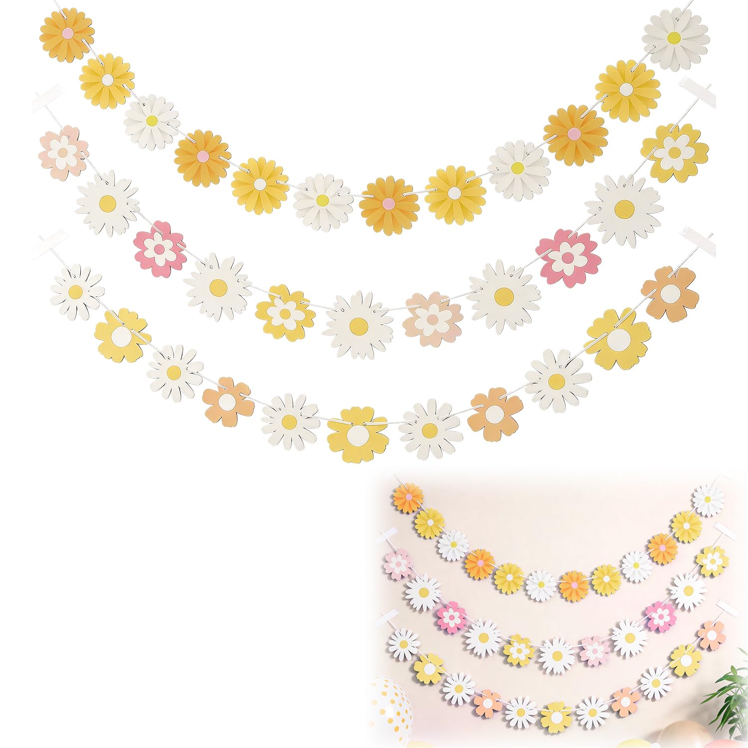3 Packs Colorful Daisy Banner, Daisy Bunting Paper Flower Garland Kids Birthday Decoration Flower Party Decoration for Birthday Party Home Outdoor Decor โ image 1