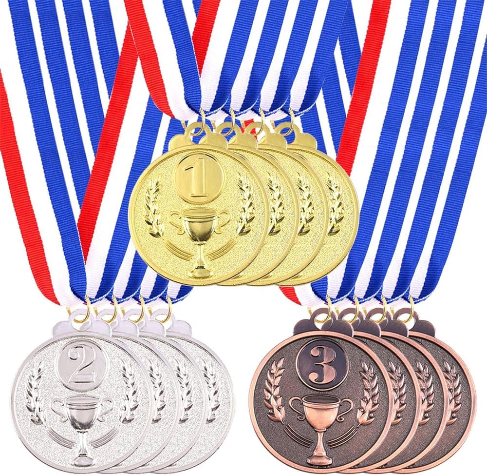 – 12 Pcs Gold Silver Bronze Award Medals, Winner Medals, Gold Silver Bronze Prizes for Competitions, Party, Team Participation Trophies with Red, White, and Blue Striped Ribbon (Olympic Style, 2 Inch)