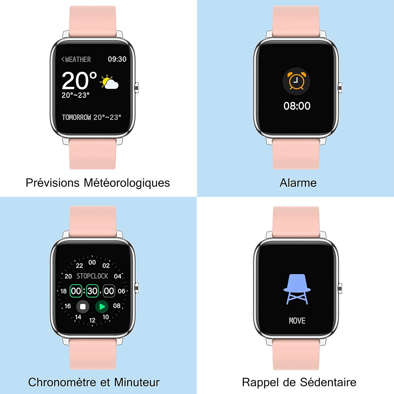 Popglory P22 Smartwatch displaying weather forecast, alarm, stopwatch, and sedentary reminder functions