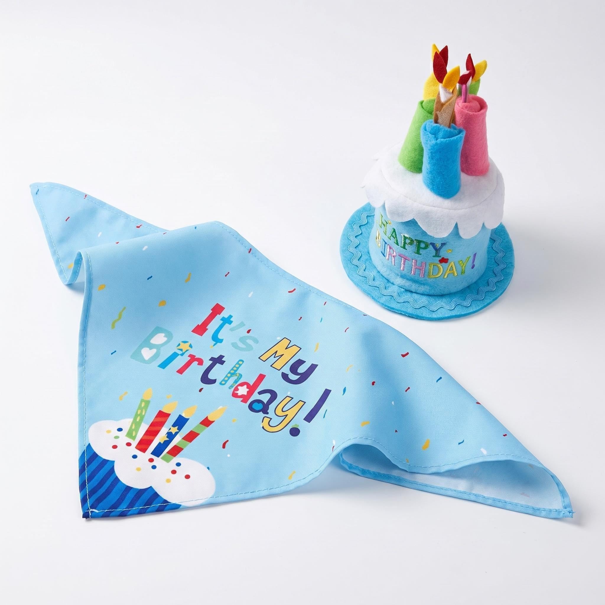 DOG BIRTHDAY HAT AND BANDANA SET - Complete Party Kit with Adjustable Pet Birthday Outfit, Soft Knit Polyester Cartoon Print Scarf for Small Medium Large Dogs Birthday Photos Gift