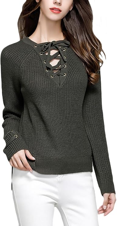 Maglione Donna Autunno Inverno A Maniche Lunghe Con Scollo A V | Lavorato A Coste E Strisce Verticali