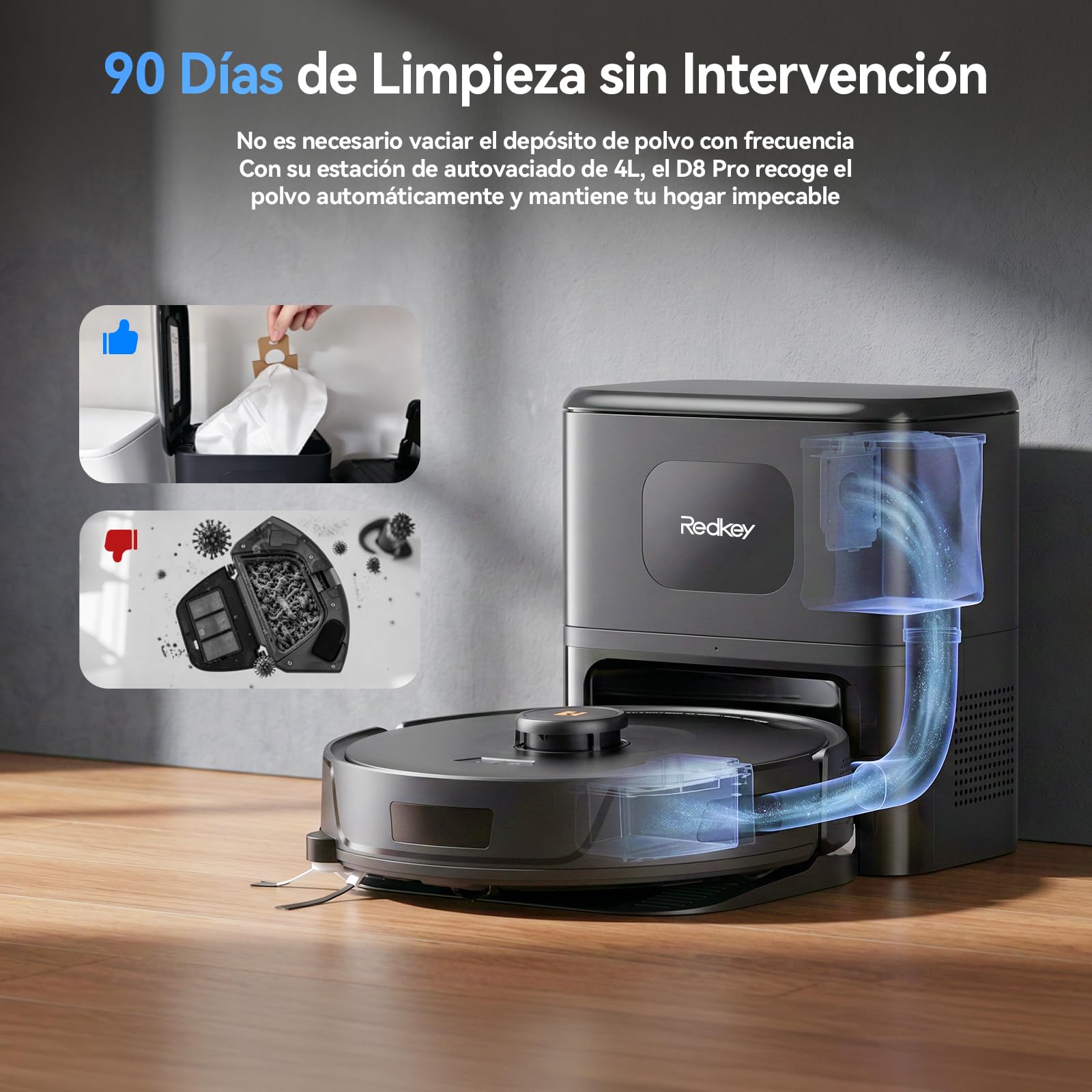 Redkey D8 Pro Robot Aspirador y Fregasuelos, 38000Pa Potente Succión con Estación de Succión 4L, Anti-Enredo de Pelos, Navegación LiDAR, Aspirador Robot 4-en-1 Aspira y Friega para Suelos, Alfombras