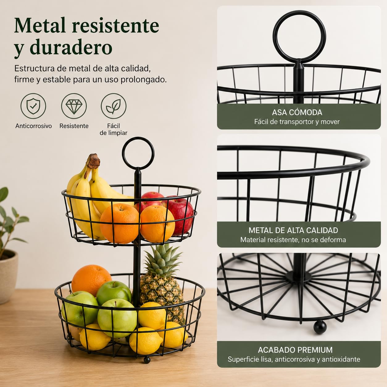 Fruitero de Metal Negro de 2 Pisos, Canastillo Redondo con Asa Arriba y Bandeja Ovalada con Pies de Bola Abajo, Exhibición y Almacenamiento de Frutas para Cocina y Mostrador,29x37cm,XZ-23148