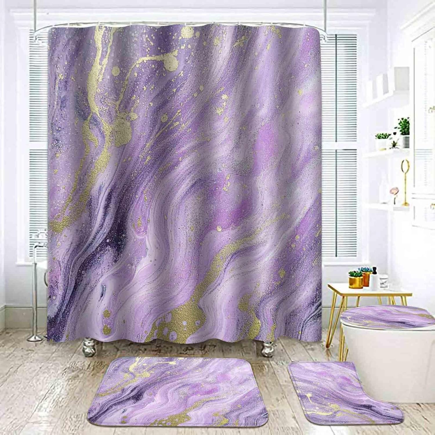EMMTEEY Purple Marble Bathroom Sets with Shower Curtain and Rugs,Painting Art Vintage Retro Shower Curtain Sets with Rugs Toilet Lid Cover and Bath Mat and Accessories