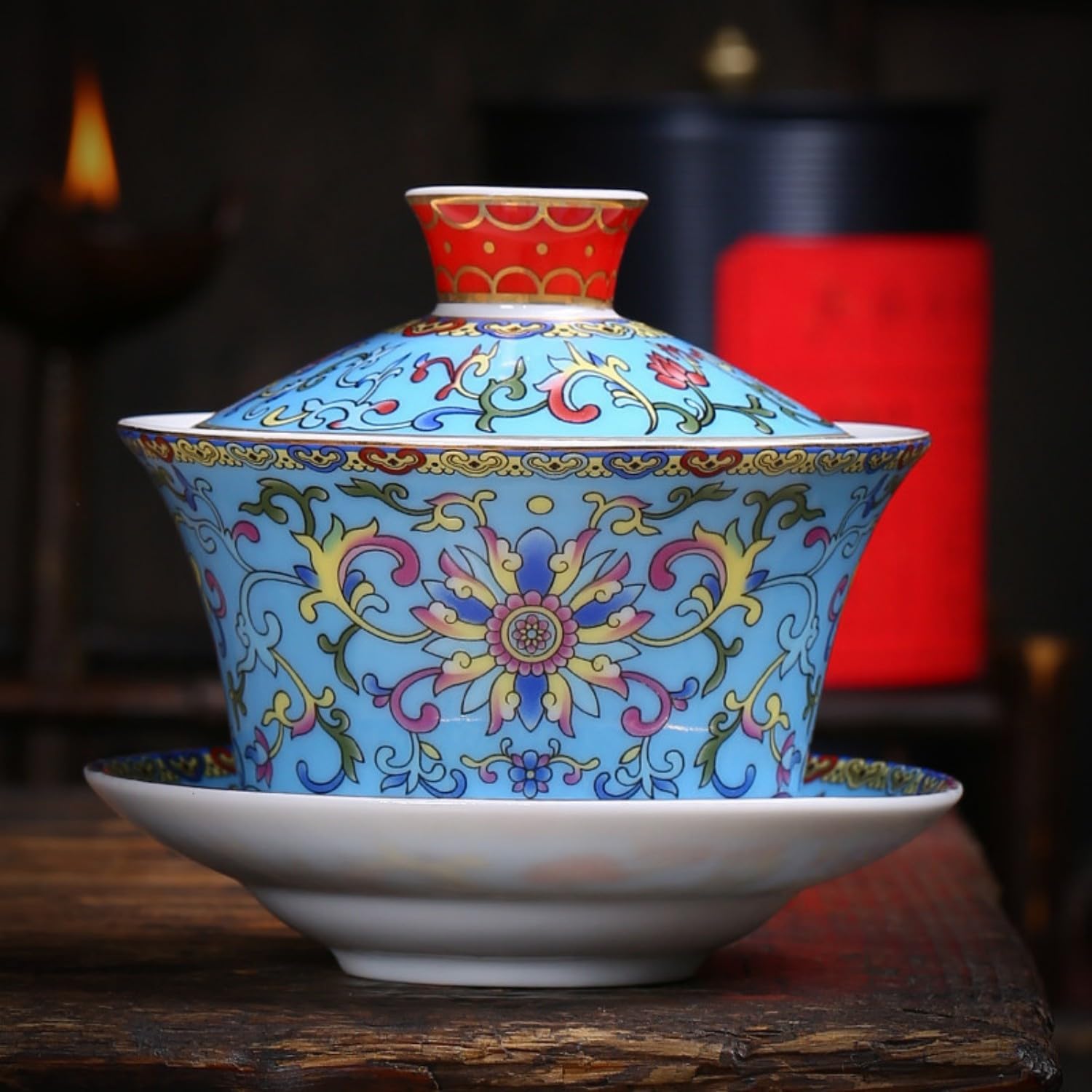 中国风陶瓷三才盖碗茶杯珐琅彩八宝茶盖碗茶碗 Ceramic Kung Fu Tea Set,teapot,Teacups,warming Wedding Birthday Gift,Tea Tray Chinese,Dishwasher Safe 缠枝莲蓝色盖碗（300ml）