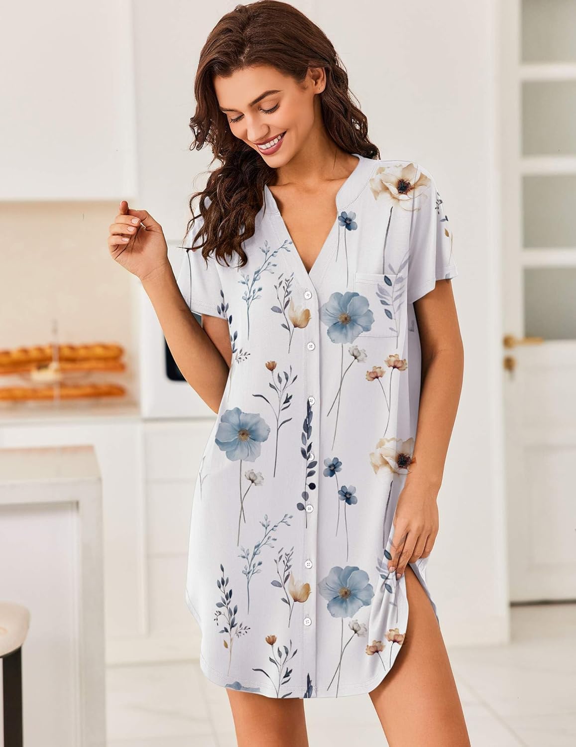 Ekouaer Women V Neck Button Down Nightgown - Image 2