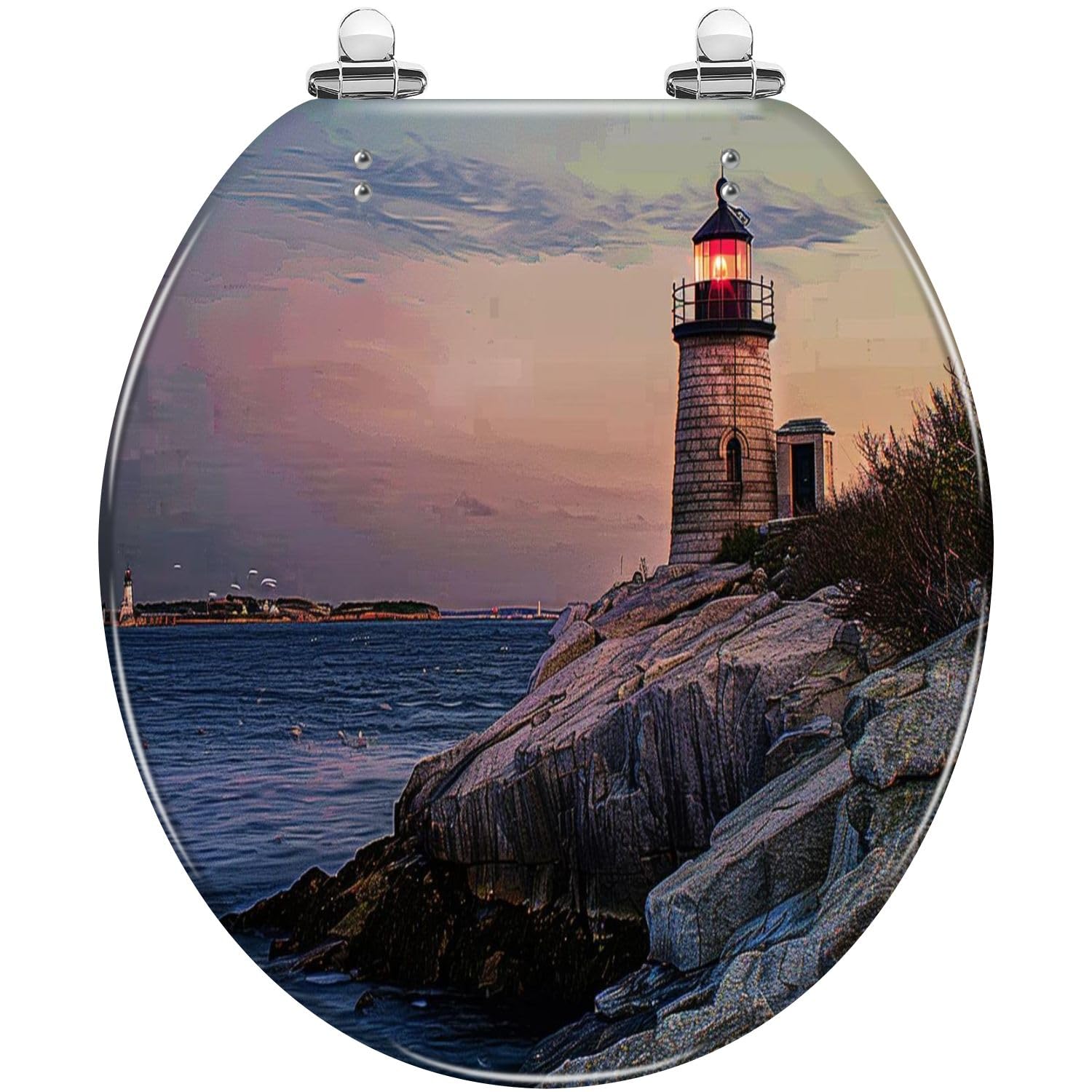 Round Toilet Seat Castle Hill Lighthouse Resin Toilet Seat Quietly Close Quick Release Hinges Decorative Toilet Seat with Cover Easy to Install