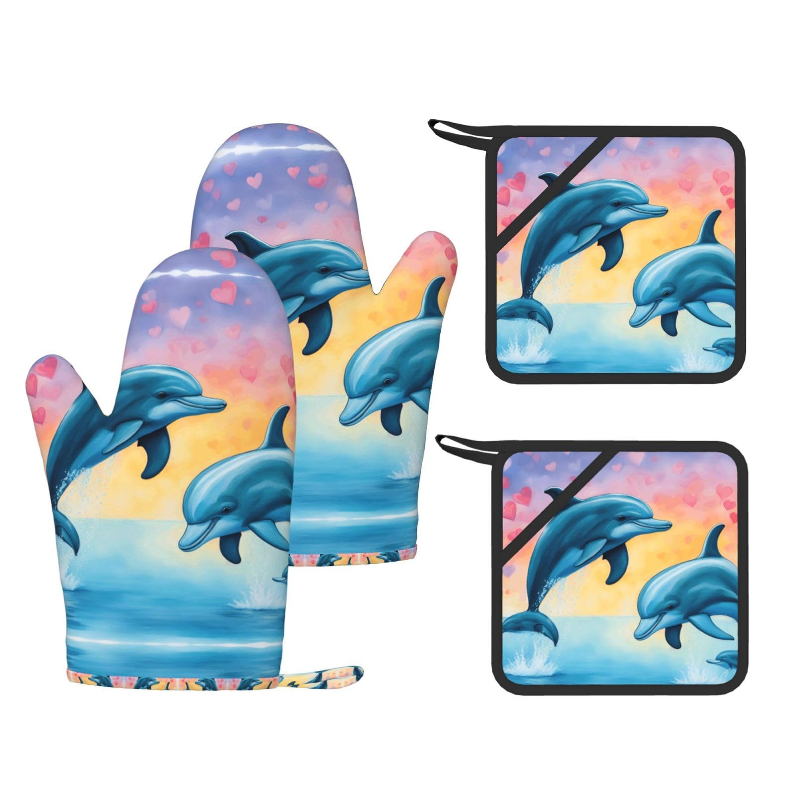 Dolphins in Love Printed Oven Mitts with Pocket and Hot Pads, Silicone Non-Slip Kitchen Gloves for Baking BBQ