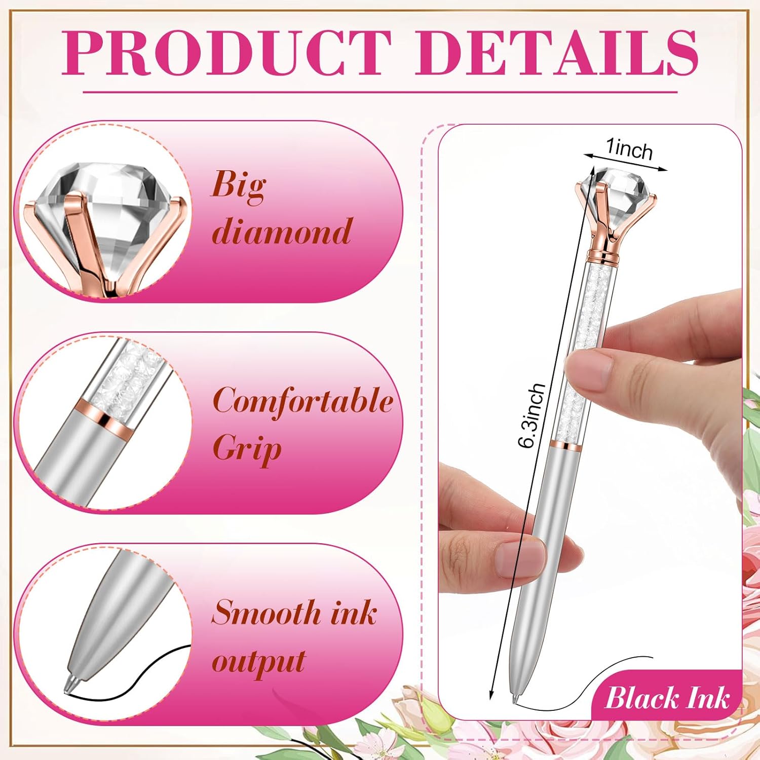 Sherr 100 Pack Big Crystal Diamond Pens Cute Ballpoint Pens Retractable Ballpoint Rhinestones Crystal Bling Gem Plated Black Gel Ink Office Supplies Gifts for Women(Silver,Wedding Style)