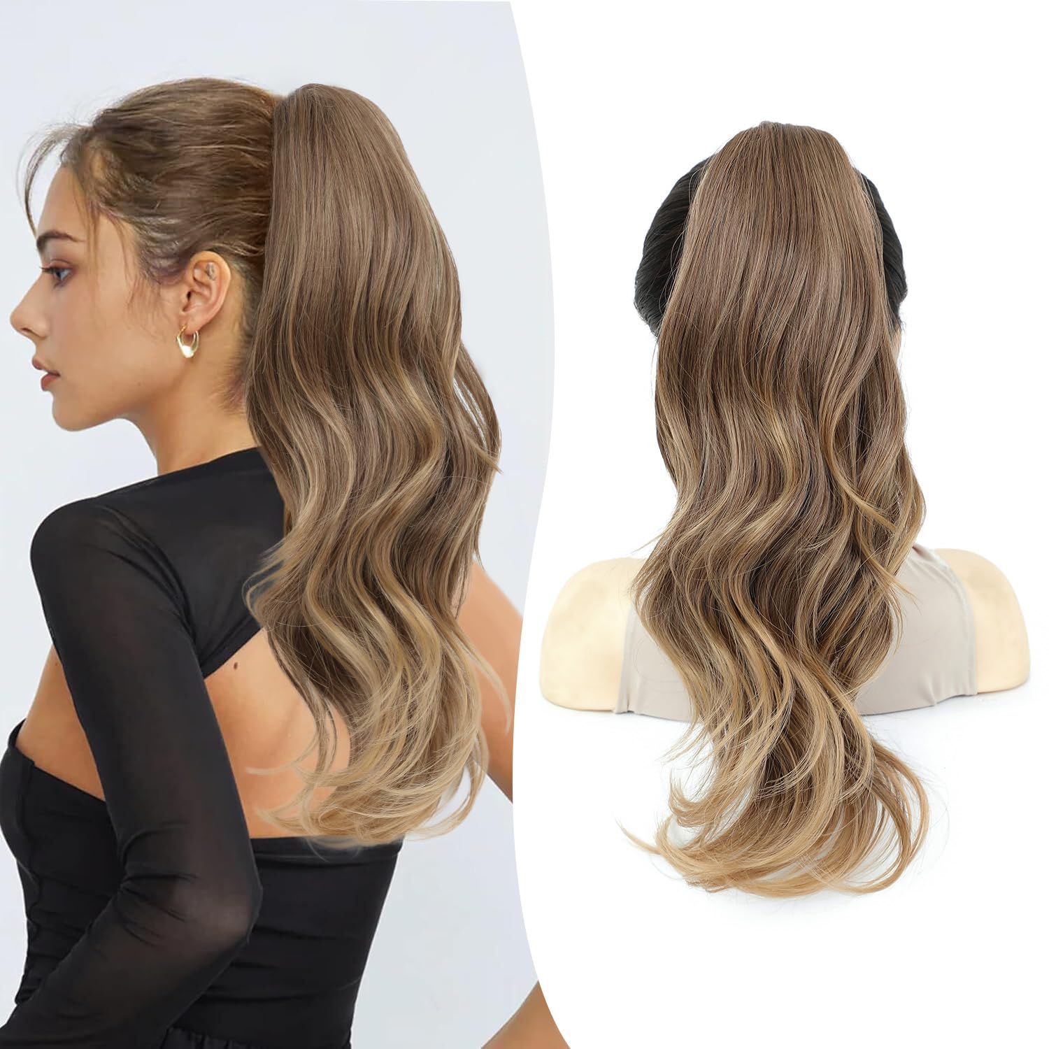 FINE PLUS 20inch Ponytail Extension Curly Wave Layered Claw Clip in Ponytail Hair Extensions for Women Light Brown to Golden Blonde Ombre Fake Pony Tail Hairpieces for Daily/Work/Party Use