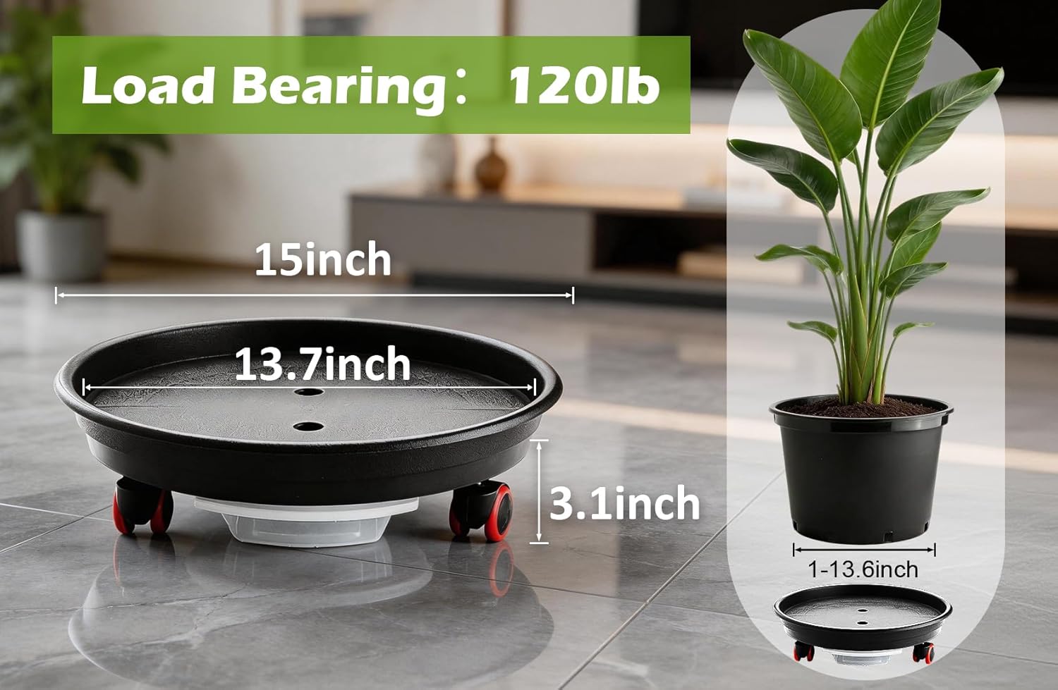 15 Inch Plant Caddy with Wheels Heavy Duty with 360° Rolling Planter Dolly with Drainage Holes and Drip Tray,Plant Caster for Heavy Objects Hauling Indoor Outdoor(2 Pack-Grey)