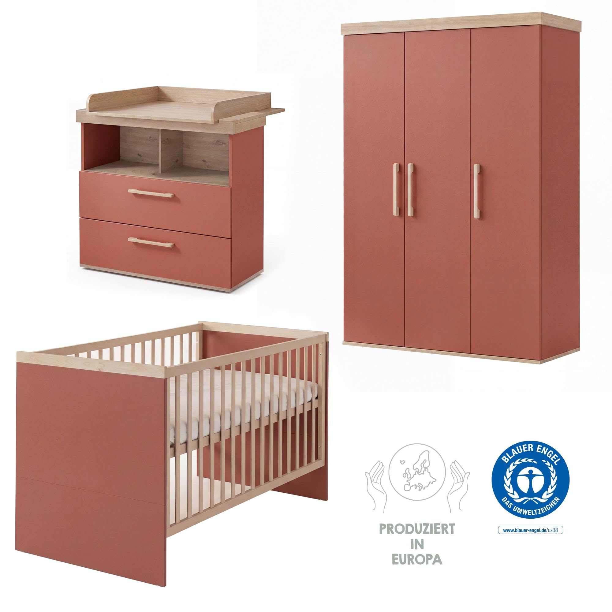 roba Babyzimmer Set „Jimmy“ - 3-teiliges Komplettzimmer mit Kombi-Kinderbett 70 × 140 cm, Wickelkommode & 3-türigem Kleiderschrank - Mauve/Eiche