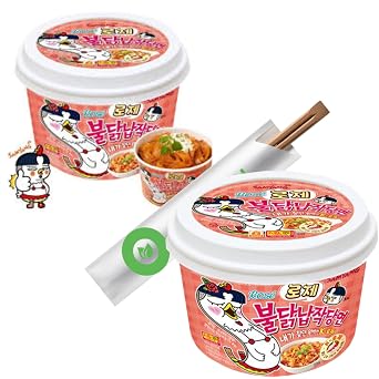 Samyang Buldak Rose Wide Flat Glass Noodles Korean Fire Challenge Microwaveable (2pack x 5.98 oz ea) + 2 OHMARKET Chopsticks|