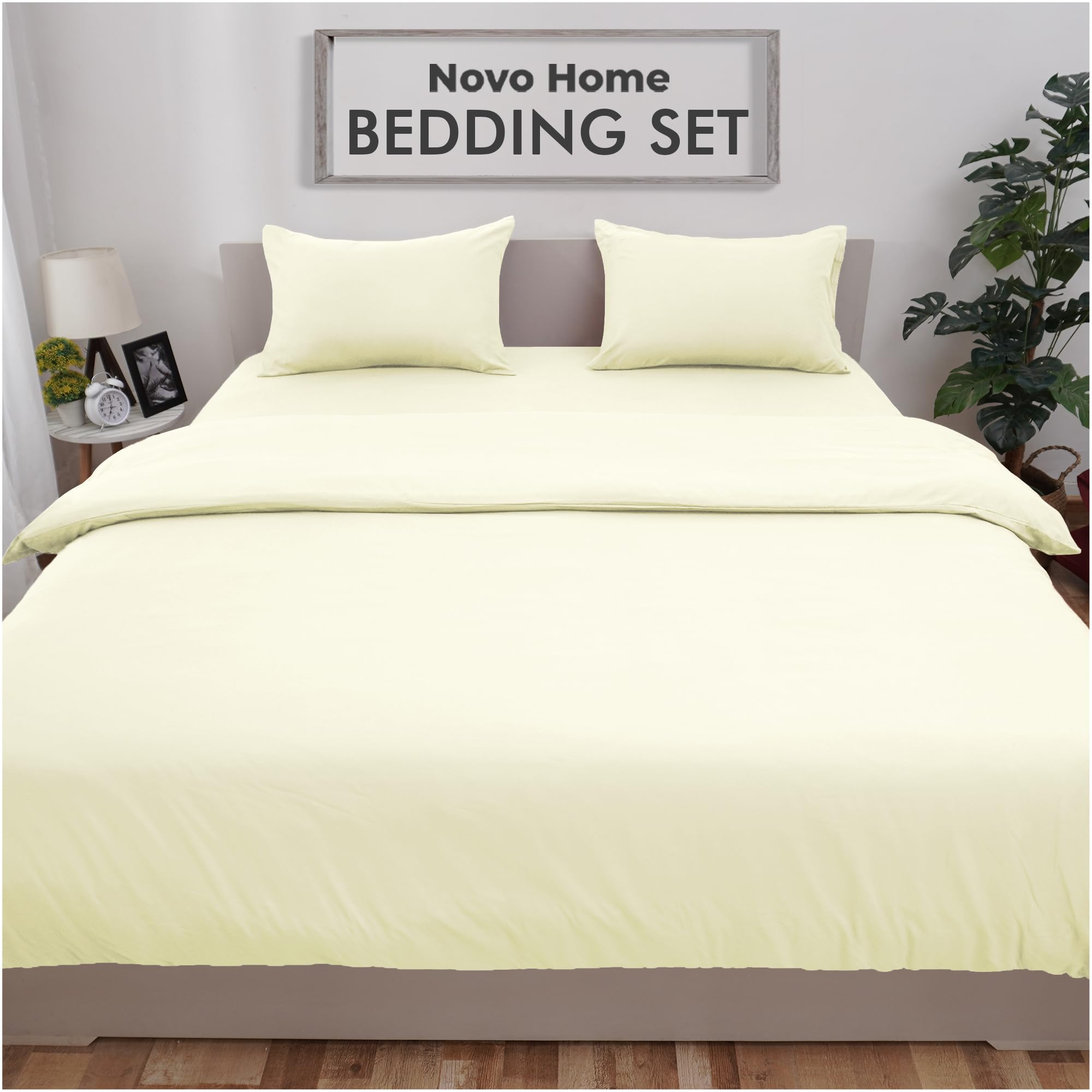 Novo Home Bedding Set King with Fitted Sheet, Duvet Cover & 2 Pillowcases - Ivory Microfibre 4 Piece Bed Set