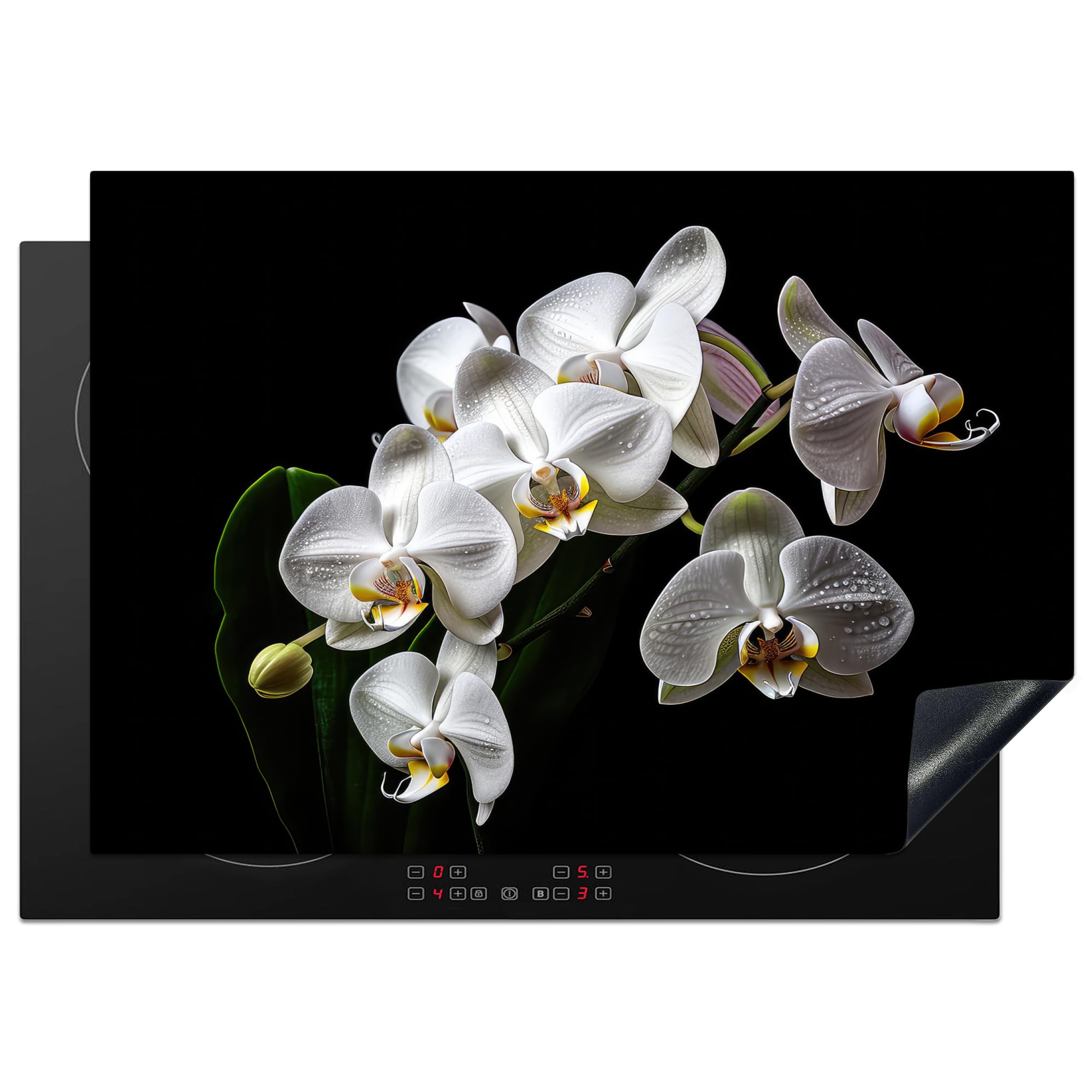 KitchenYeah© Induction Hob Protector Mat 20.5"x29.5" / 75x52 cm Cooker Top Protectors Cover Ceramic Covers Electric Hobs Vinyl Orchid - Flowers - White - Nature - Black