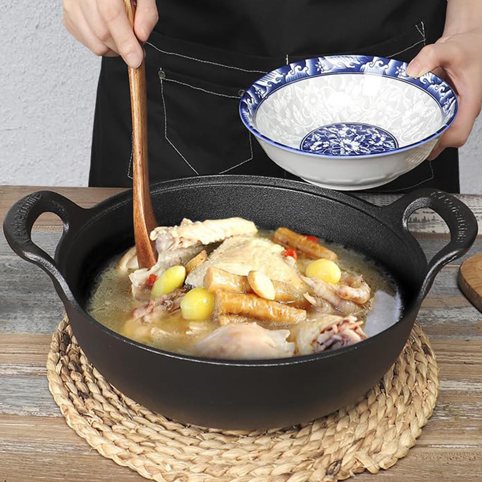Wok aus Gusseisen mit Doppelgriff und Glasdeckel, Geschenk Antihaft Grillpfanne, Küchen Cookare Topf, Bratpfannen Backen, Grillen und Sautieren