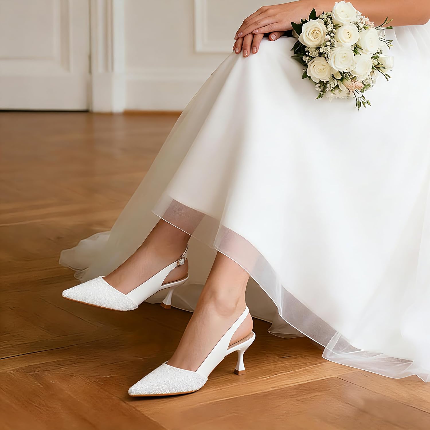 Women's Kitten Heels Sequin Closed Pointed Toe Low Heels Comfortable Dress Work Wedding Party Slingback Stiletto Pumps Shoes