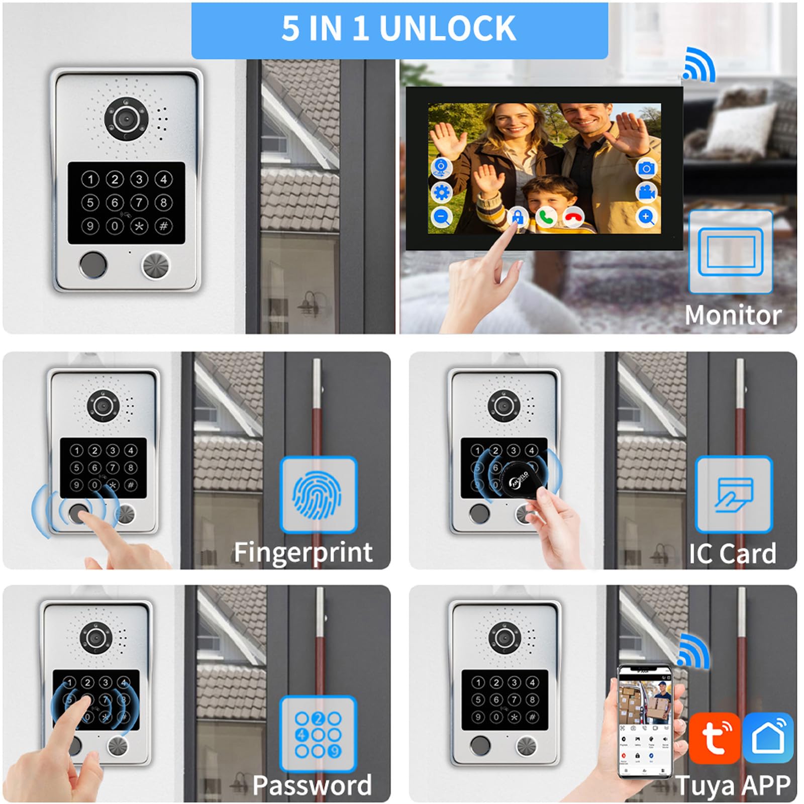 Domofon wideodomofonu, 7-calowy monitor dotykowy z dzwonkiem do drzwi 1080p, obsługuje hasło do karty RFID do mieszkania, domu, willi, współpracuje z aplikacją TUYA