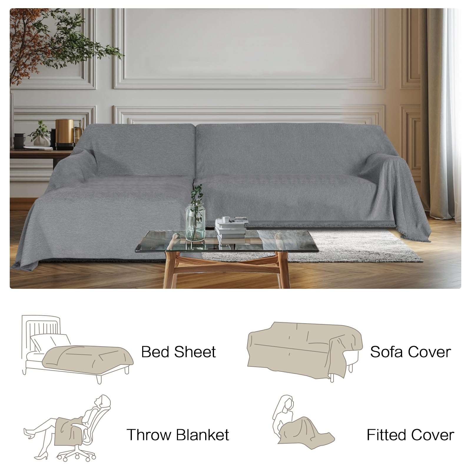 BellaHills Cubre Sofa Chaise Long 3 Plazas Verano Impermeable Funda Sofá Antideslizante Antimanchas Protector Sofá Chenilla Reversible Universal Gris