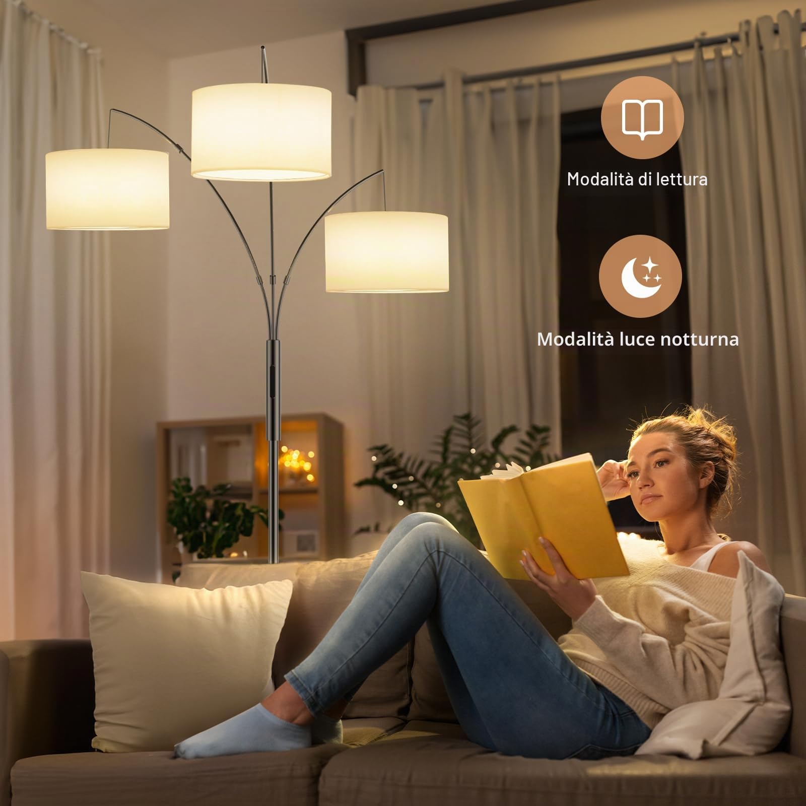 SIBRILLE Lampada ad arco, 36 W, con paralume in tessuto bianco, 3000 lm, lampada da terra super luminosa con telecomando e touch, lampada da terra a LED, dimmerabile, 187 cm, per soggiorno, camera da
