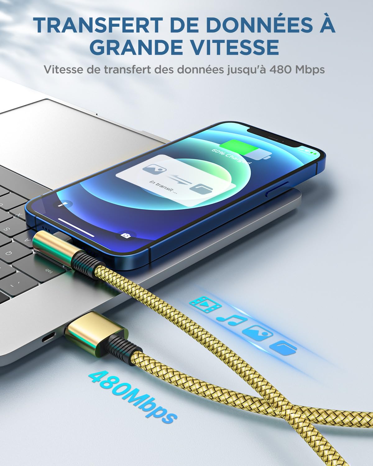 Cable iPhone,[2m/Lot de 3] Fil Chargeur iPhone Charge Rapide Tressé Longue Cordon iPhone Certifié MFi Angle Câble Lightning USB pour iPhone 13/11/14/12 Pro Max Plus Mini XR XS 8 7 6S SE,iPad,Airpods