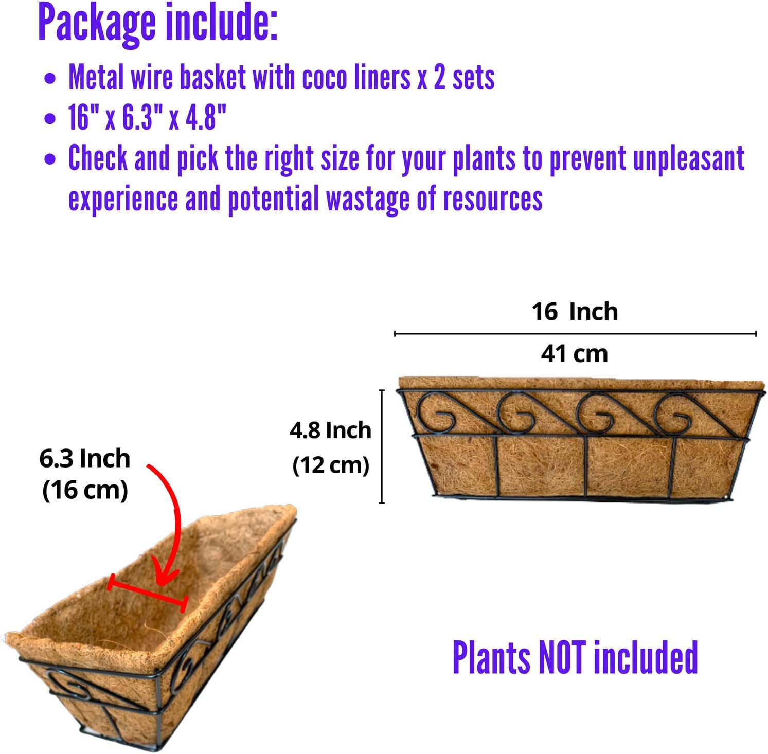 Maxona Wall Hanging Planter for Outdoor Plants (2 Pack) 16” Wall Hanging Baskets with Coco Liner for Plant Holder Black Wire Flower Box Porch Railing Fence Box Window Metal Balcony Garden Deck Decor