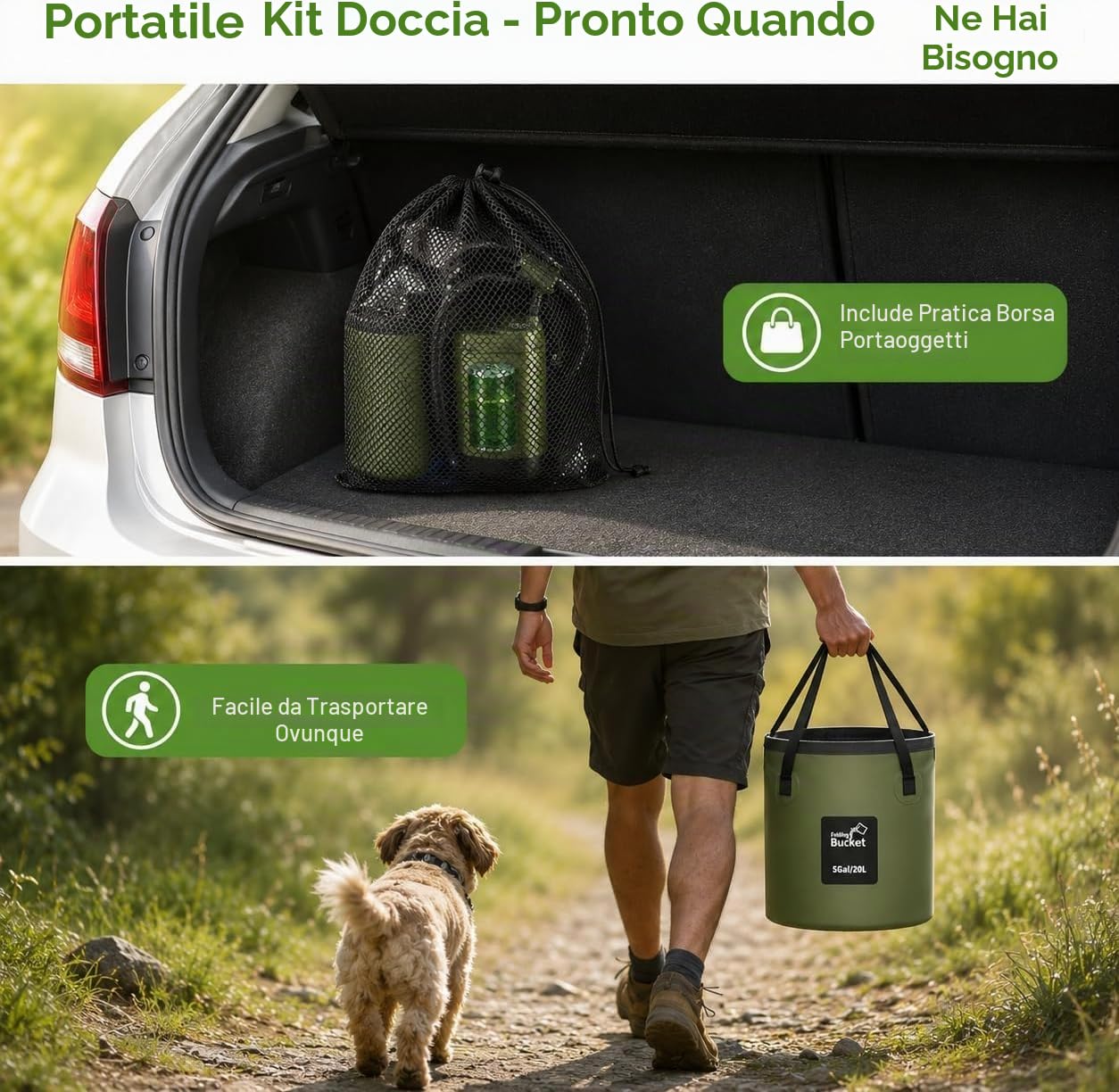 Romicta Doccia da Campeggio Portatile con Batteria Ricaricabile da 6000mAh e Display LED – Secchiello Pieghevole 4 Modalità di Spruzzo Pompa Impermeabile IPX7 Ideale per Trekking, Viaggi, Guida