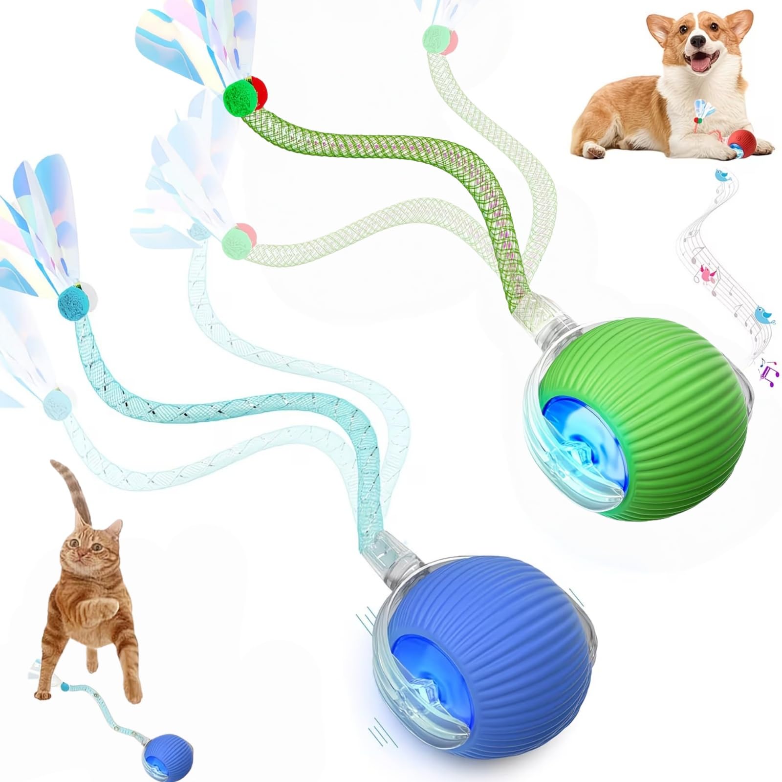 Cat Balls Interactive Cat Ball,USB Rechargeable Self-Moving Ball Can Emit Bird Chirps,Smart Chase Pet Balls,Automatic Moving Ball with Tail With 3 Modes,Kitten Balls for Bored Indoor Cats#Blue,Green โ image 1