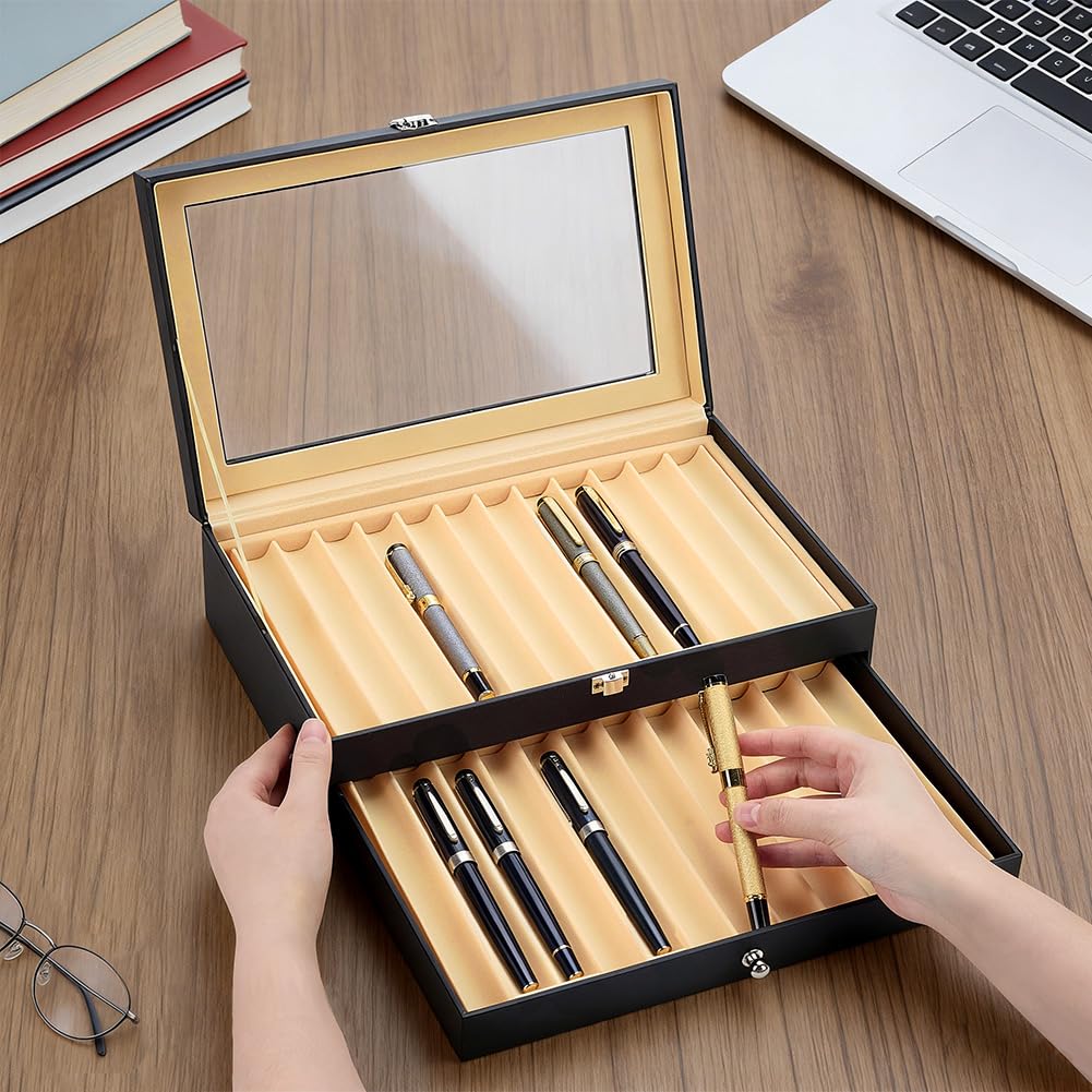 PH PandaHall Stift-Präsentationsbox aus Holz, 24 Fächer, PU-Leder, für Füllfederhalter, Organizer, Box, schwarze Stifte-Aufbewahrungsbox mit Glasfenster für Geschäft, Zuhause, 30,7 x 19,8 x 9,4 cm