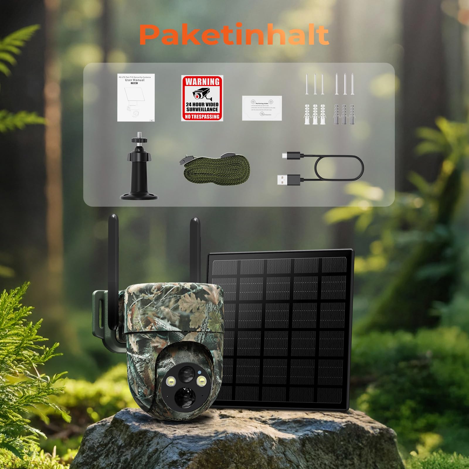 SEHMUA 4G Wildkamera mit SIM Karte, Überwachungskamera Aussen Solar mit Handyübertragung APP mit PIR Erkennung, Kamera mit SIM Karte 2K Farbnachtsicht, Zwei-Wege-Audio, 360° PTZ, IP66