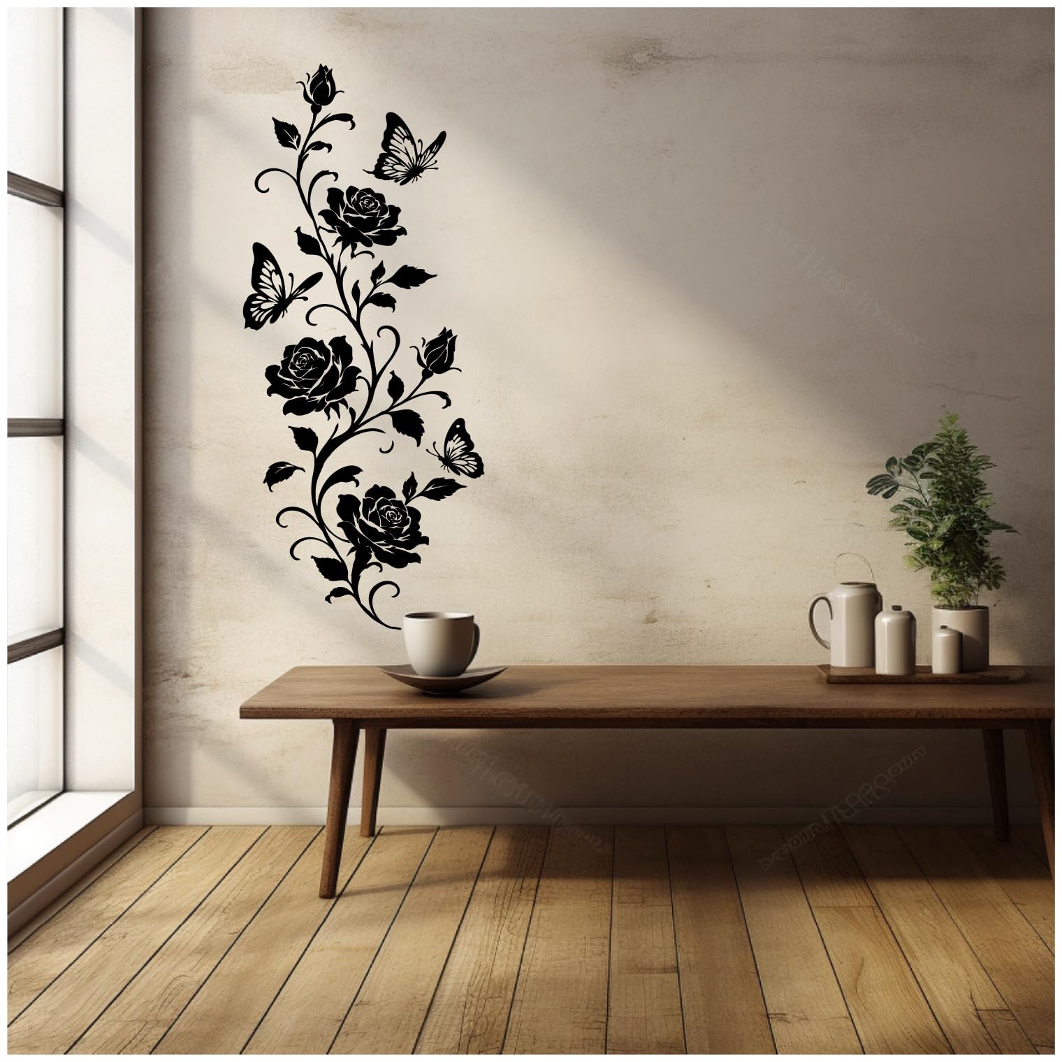 Samunshi® Wandtattoo Rosen Blumenranke mit Schmetterlingen Elegante Blumen Wanddekoration Florales Wandmotiv für Wohnzimmer, Schlafzimmer, Flur und Küche weiß 57 x 150cm