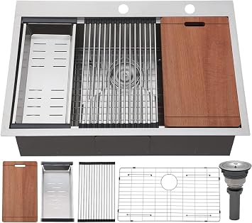 VCCUCINE 33x22 Inch Drop In Kitchen Sink,Overmount Stainless Steel Single Bowl Workstation Laundry Sink Top mount 2 Hole Farmhouse Kitchen with Cutting Board & Accessories