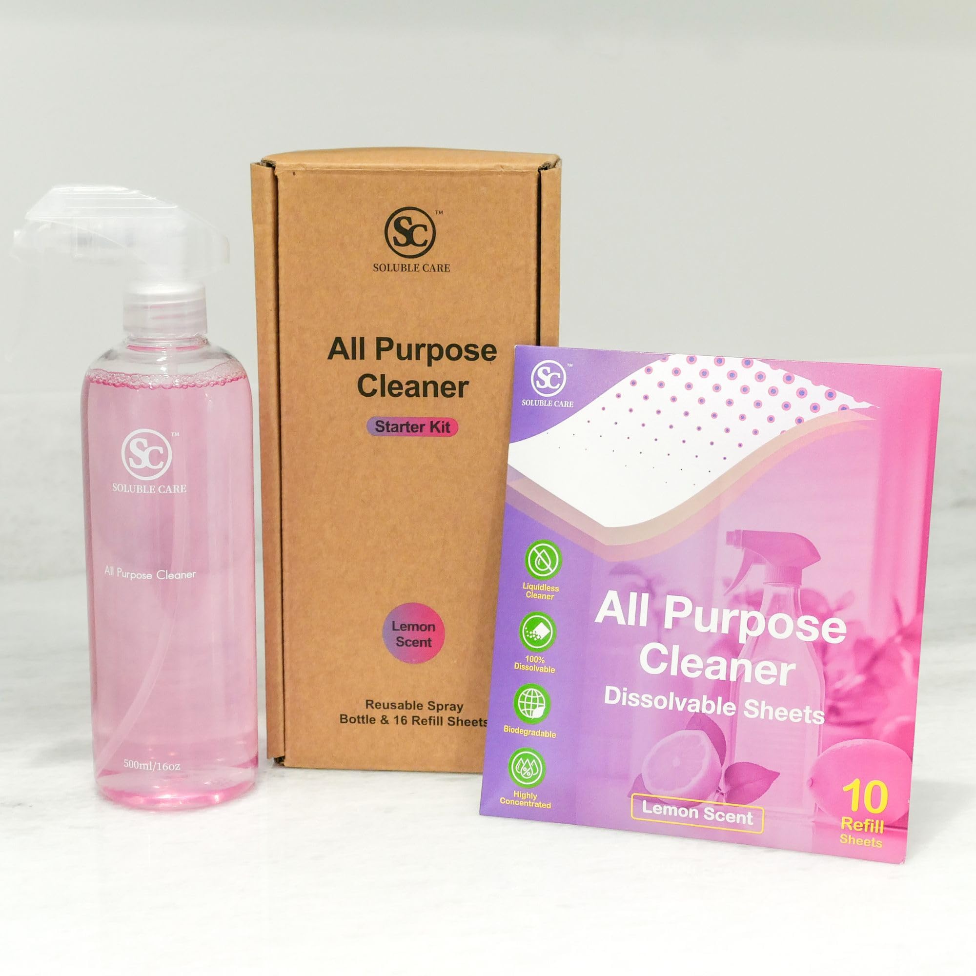 Soluble Care: All-Purpose Cleaner Starter Kit (Multi-Surface, Dissolvable, Sustainable & Earth-Friendly Sheets) – Includes Reusable Spray Bottle + 16 Refills – Fresh Lemon Scent